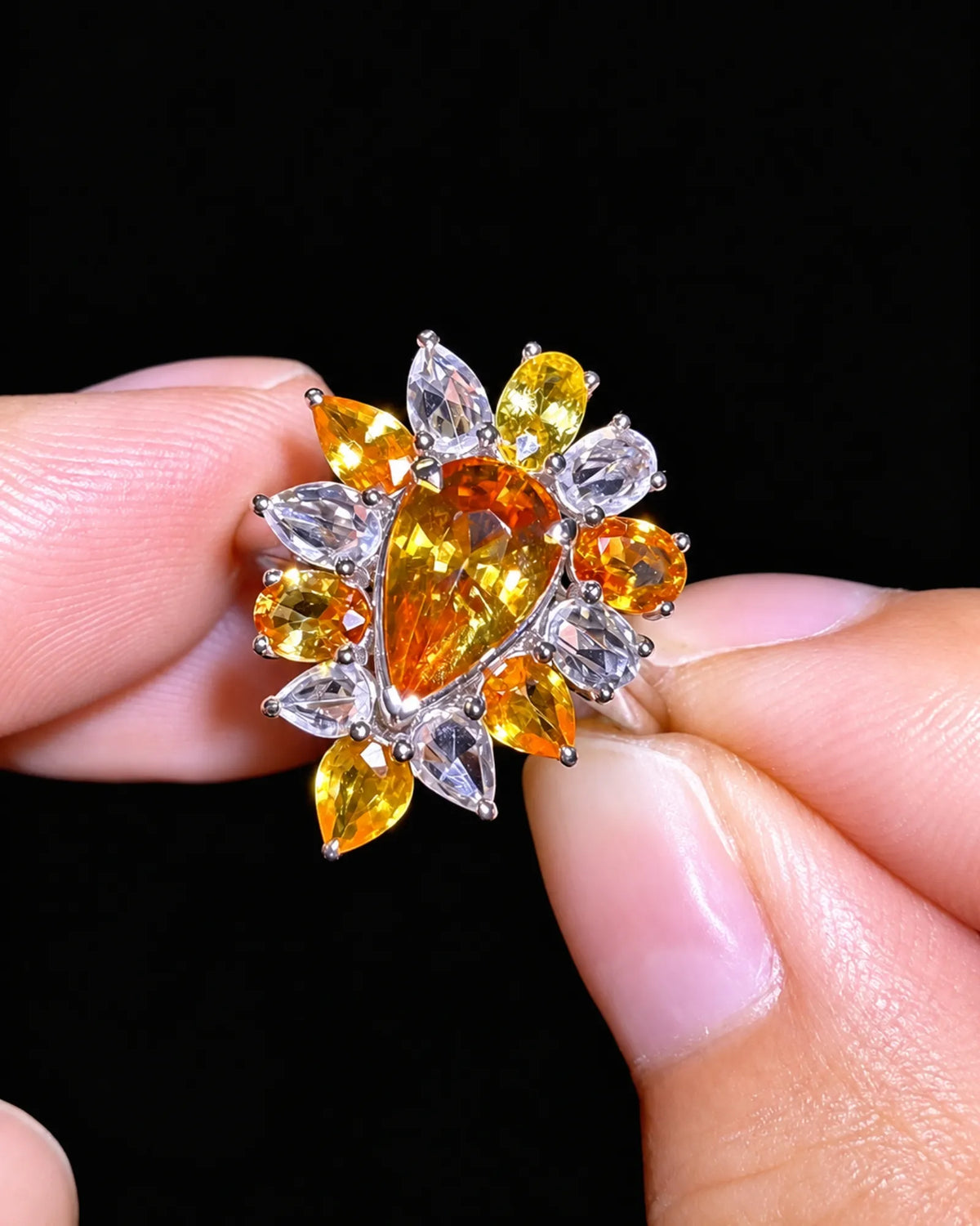 Caramel yellow sapphire statement ring with pear marquise and oval gemstone petals in polished platinum - SARATTI