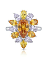 Caramel yellow sapphire statement ring with pear marquise and oval gemstone petals in polished platinum | SARATTI