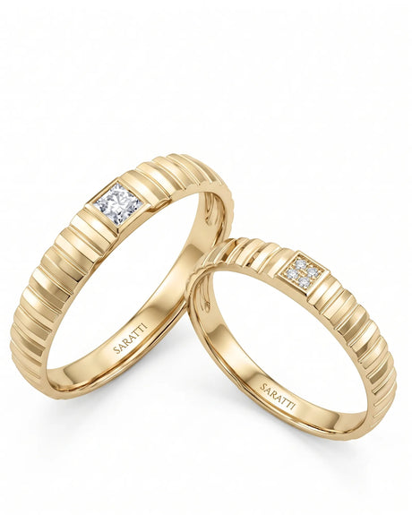Celeste diamond matching wedding set with elegant paired bands in polished 18K yellow gold | SARATTI