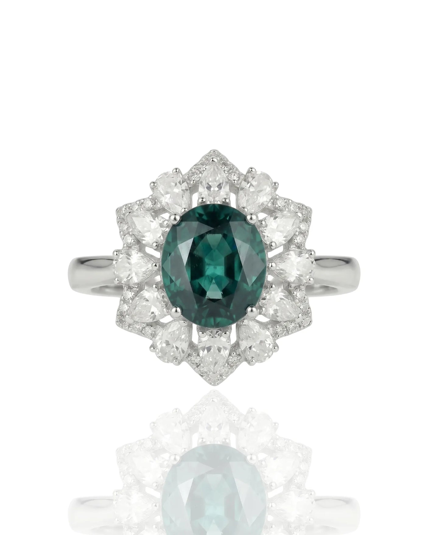Celestial Bloom sapphire ring with crown inspired diamond setting in platinum | SARATTI