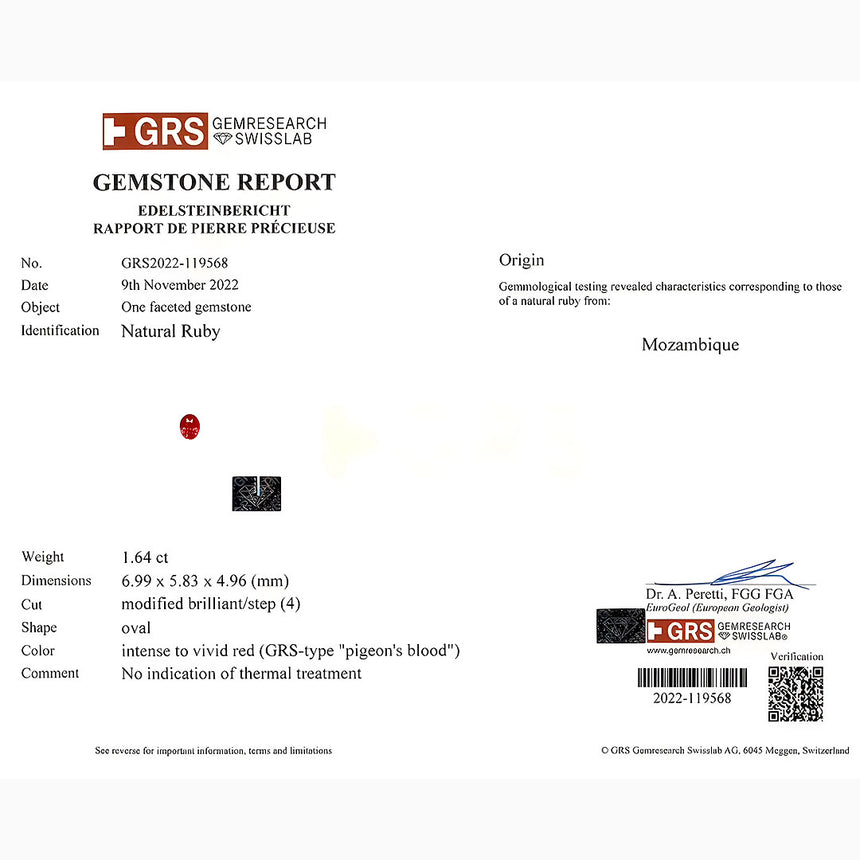 1.64 carats Oval Ruby Gemstone Certificate | GRS Certified | Saratti