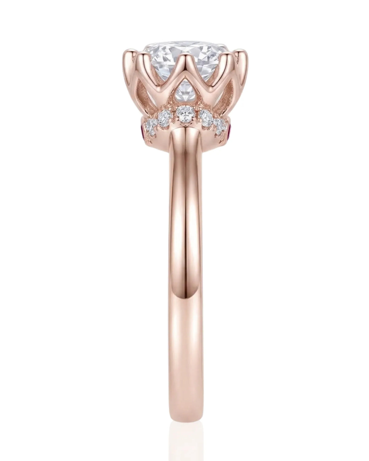 Cesca natural diamond engagement ring underside with lotus gallery and ruby accent in 18K rose gold | SARATTI