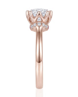 Cesca natural diamond engagement ring underside with lotus gallery and ruby accent in 18K rose gold | SARATTI