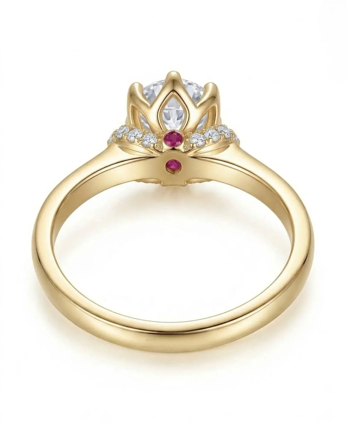 Cesca natural diamond engagement ring underside with lotus gallery and ruby accent in 18K yellow gold | SARATTI