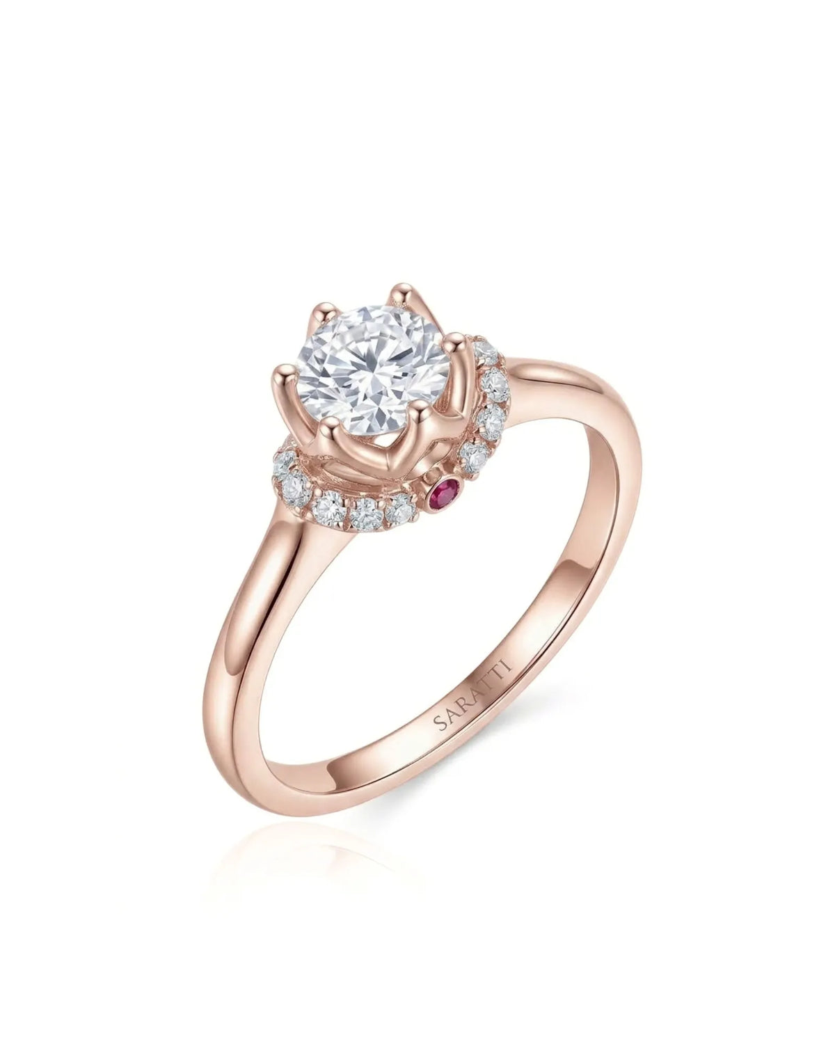 Cesca natural round diamond lotus illusion engagement ring 45-degree view in 18K rose gold | SARATTI