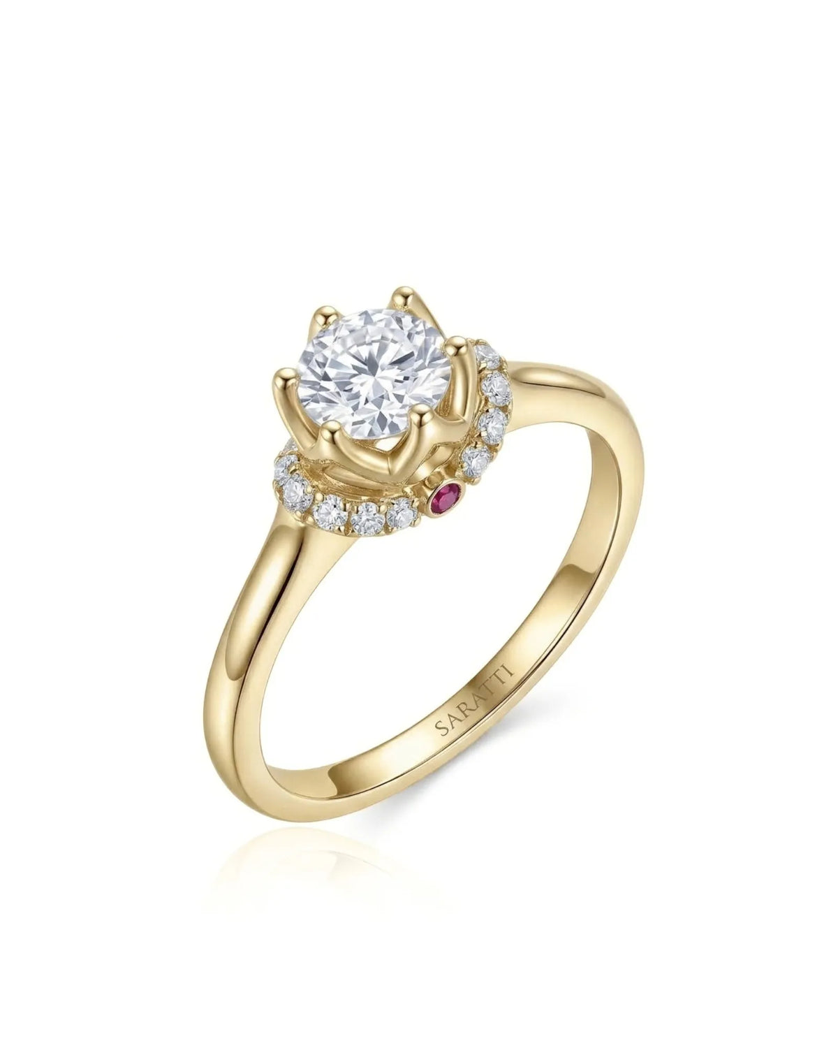 Cesca natural round diamond lotus illusion engagement ring 45-degree view in 18K yellow gold | SARATTI