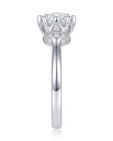 Cesca natural round diamond ring profile with open gallery and ruby accent in 18K white gold | SARATTI