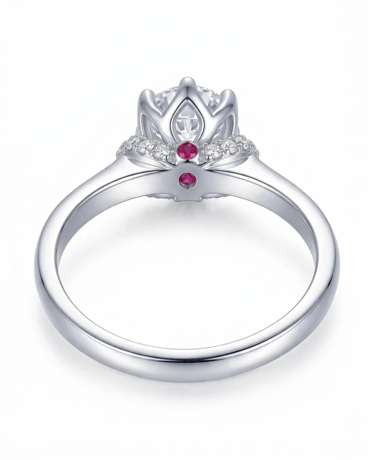 Cesca natural round diamond ring profile with open gallery and ruby accent in Platinum PT950 | SARATTI