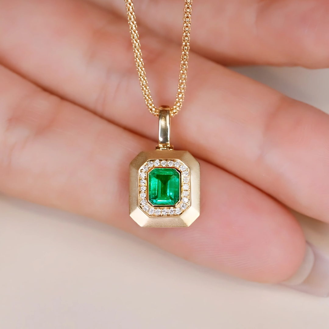 Royal Prism: Natural Emerald Diamond Halo Pendant in 18K Yellow Gold
