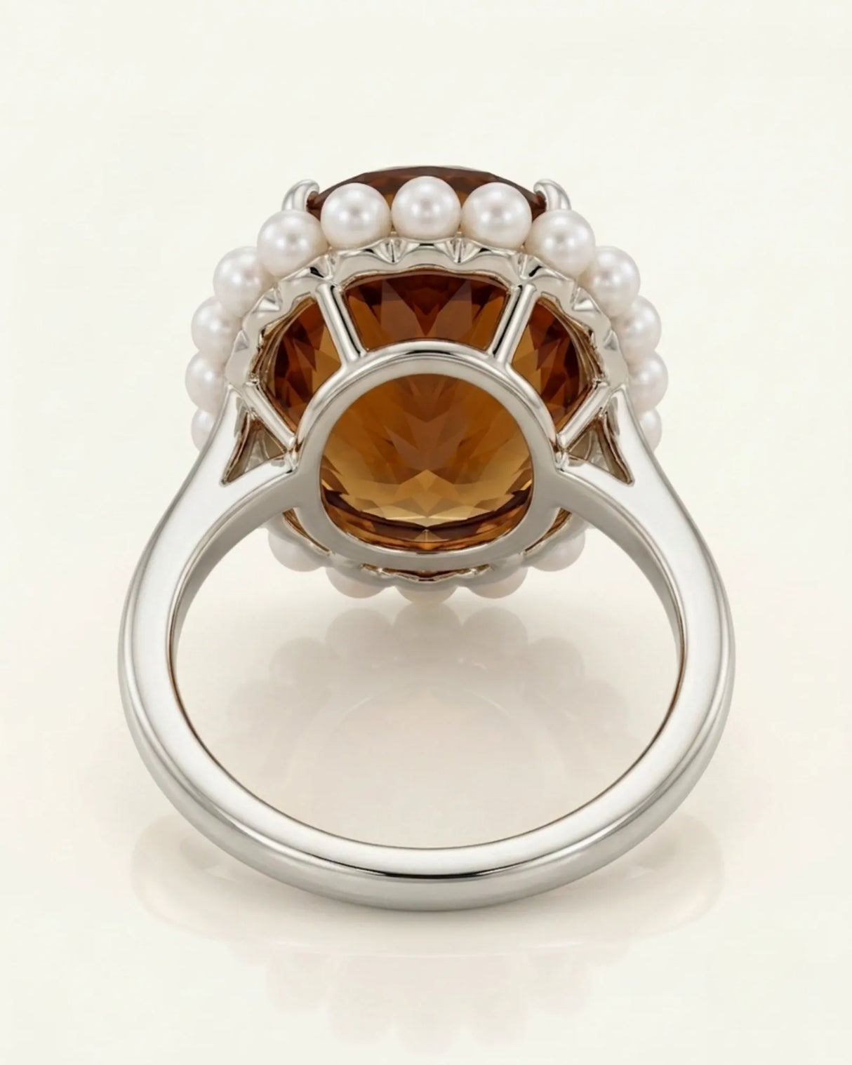 Champagne Imperial Topaz oval ring contrasted by luminous pearls and cool platinum | SARATTI