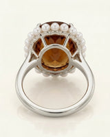 Champagne Imperial Topaz oval ring contrasted by luminous pearls and cool platinum | SARATTI