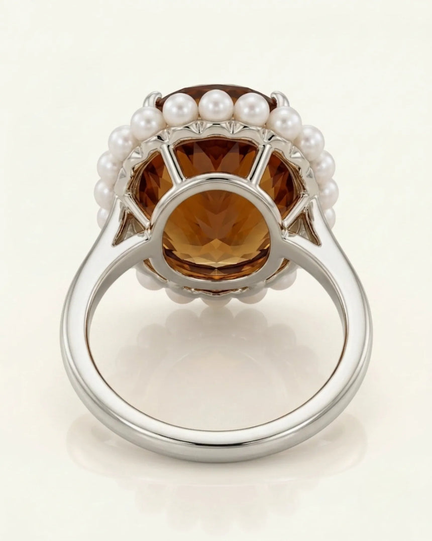 Champagne Imperial Topaz oval ring contrasted by luminous pearls and cool platinum | SARATTI