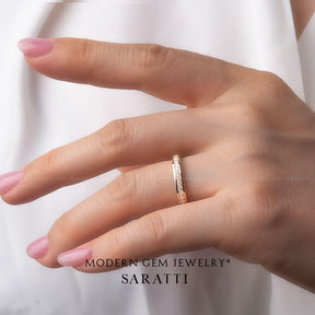 Female Diamond Eternity Band on Female Finger Close Up Shot | Modern Gem Jewelry  | Saratti 