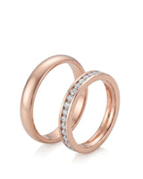 Channel set diamond wedding set with full eternity female band and comfort-fit male ring in 18K rose gold | SARATTI