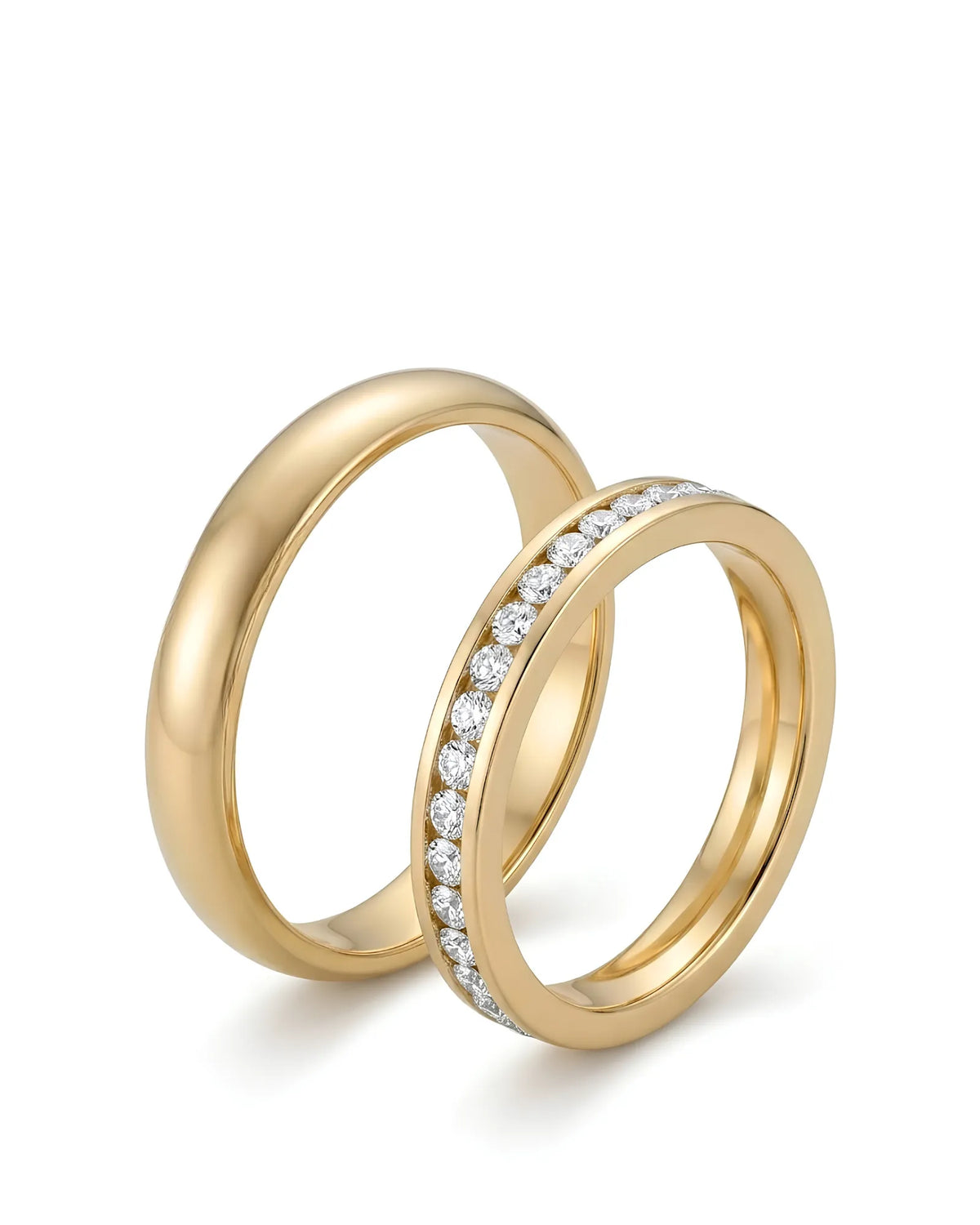 Channel set diamond wedding set with full eternity female band and comfort-fit male ring in 18K yellow gold - SARATTI