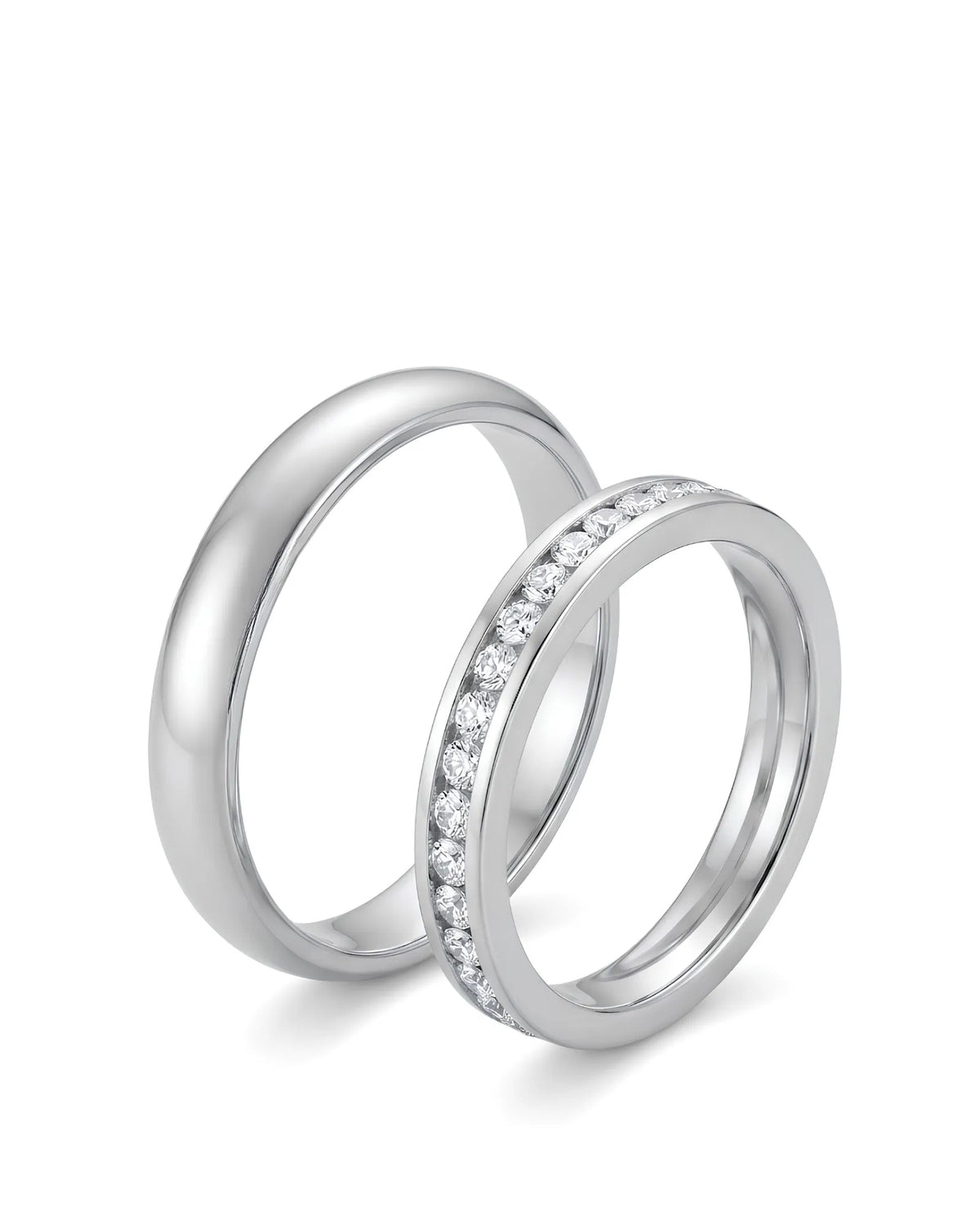 Channel set diamond wedding set with full eternity female band and comfort-fit male ring in polished platinum | SARATTI