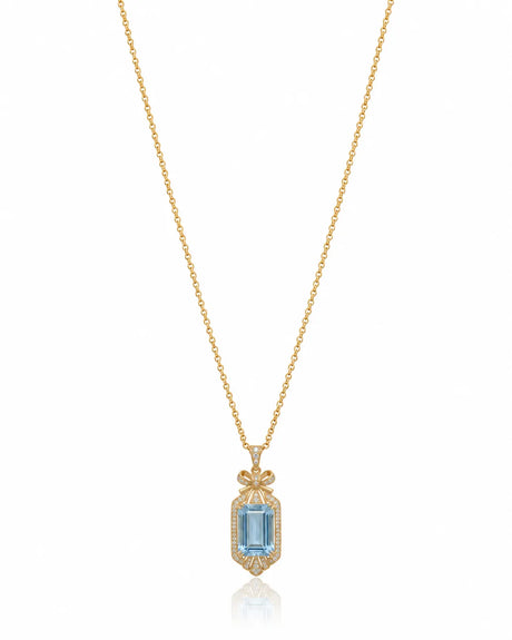 ELISARA emerald cut Aquamarine vintage bow diamond necklace setting in Yellow Gold front view | SARATTI