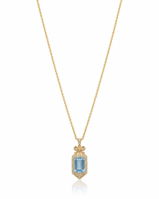 ELISARA emerald cut Aquamarine vintage bow diamond necklace setting in Yellow Gold front view | SARATTI