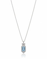 ELISARA emerald cut Aquamarine vintage bow diamond necklace setting in White Gold front view | SARATTI