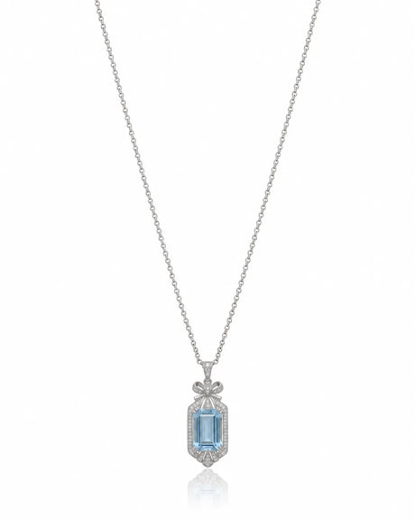 ELISARA emerald cut Aquamarine vintage bow diamond necklace setting in White Gold front view | SARATTI