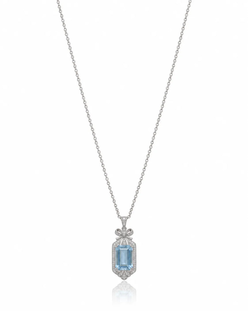 ELISARA emerald cut Aquamarine vintage bow diamond necklace setting in White Gold front view | SARATTI