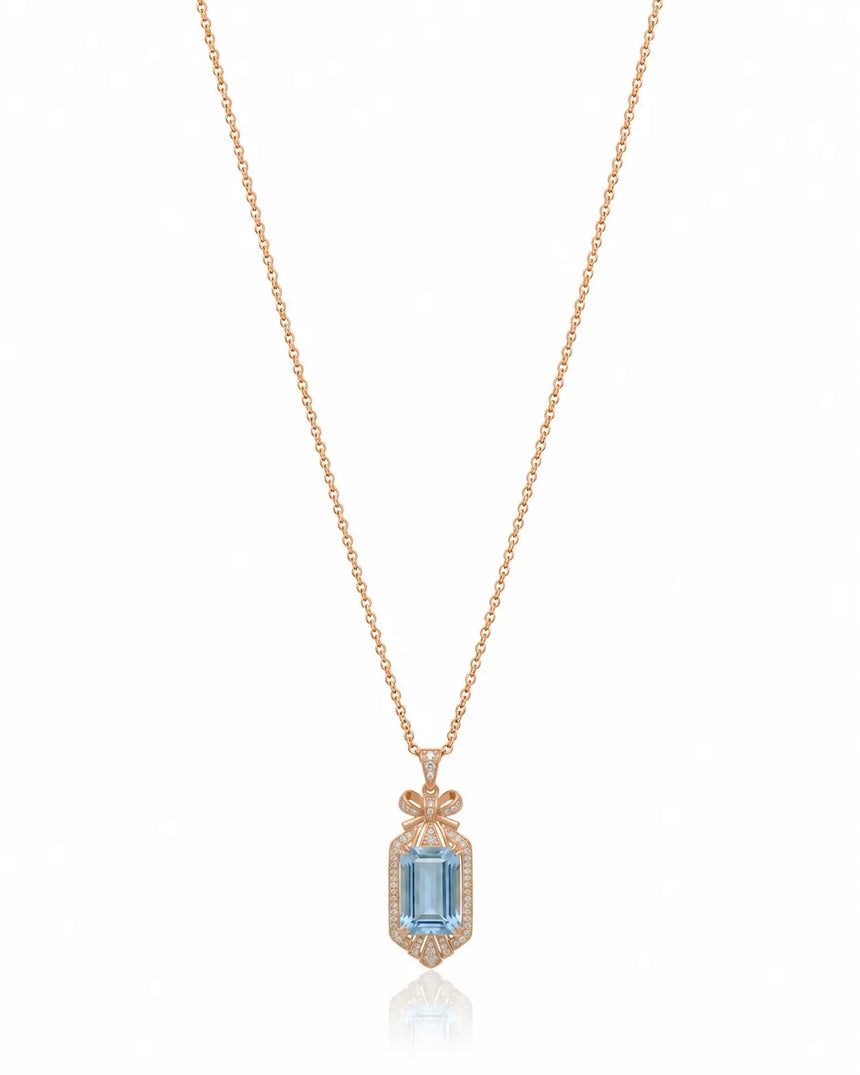 ELISARA emerald cut Aquamarine vintage bow diamond necklace setting in Rose Gold front view | SARATTI