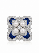 Natural blue sapphire pearl diamond floral studs in 18K white gold | SARATTI
