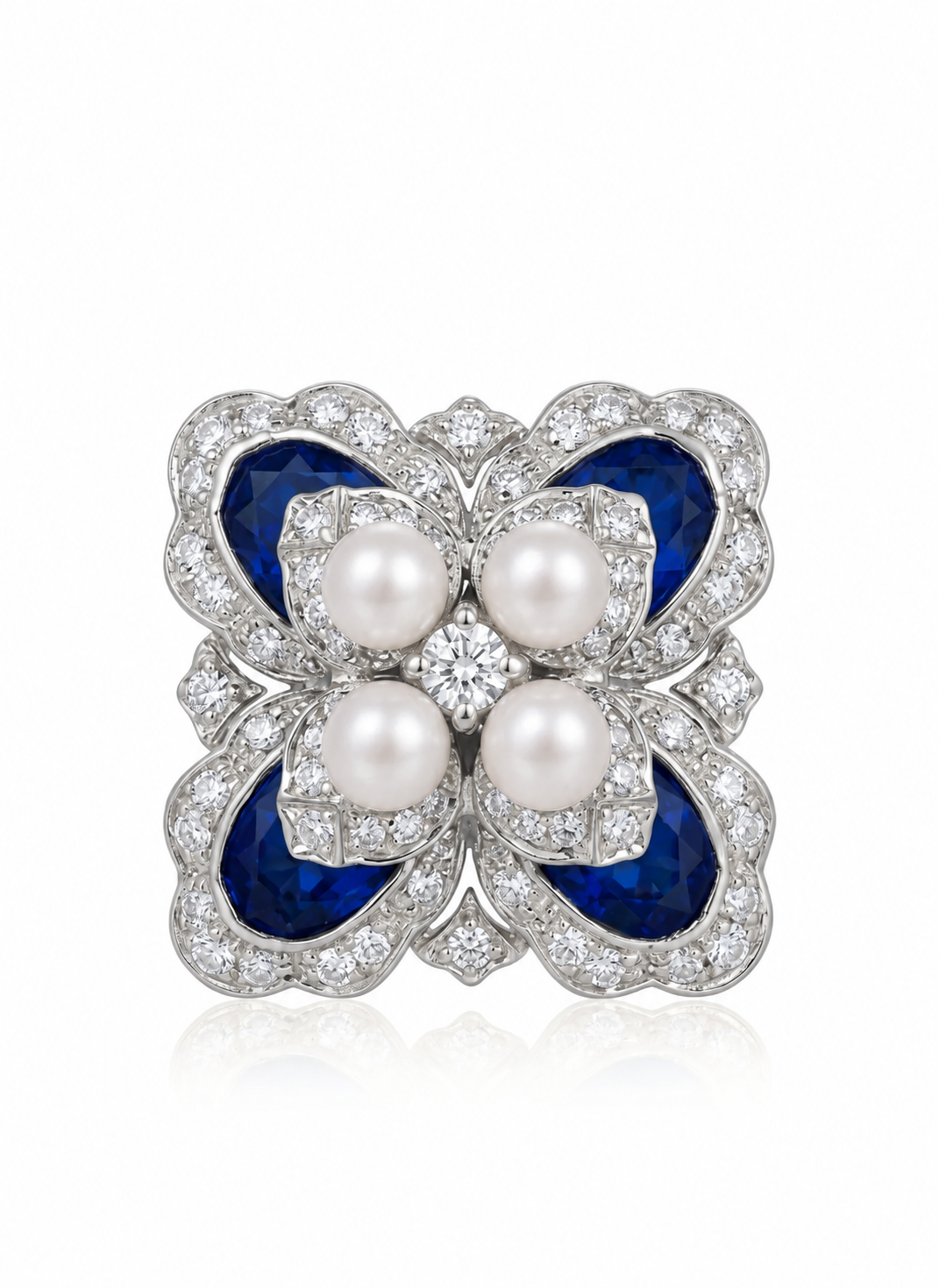 Platinum blue sapphire Akoya pearl natural diamond Art Deco inspired earrings | SARATTI