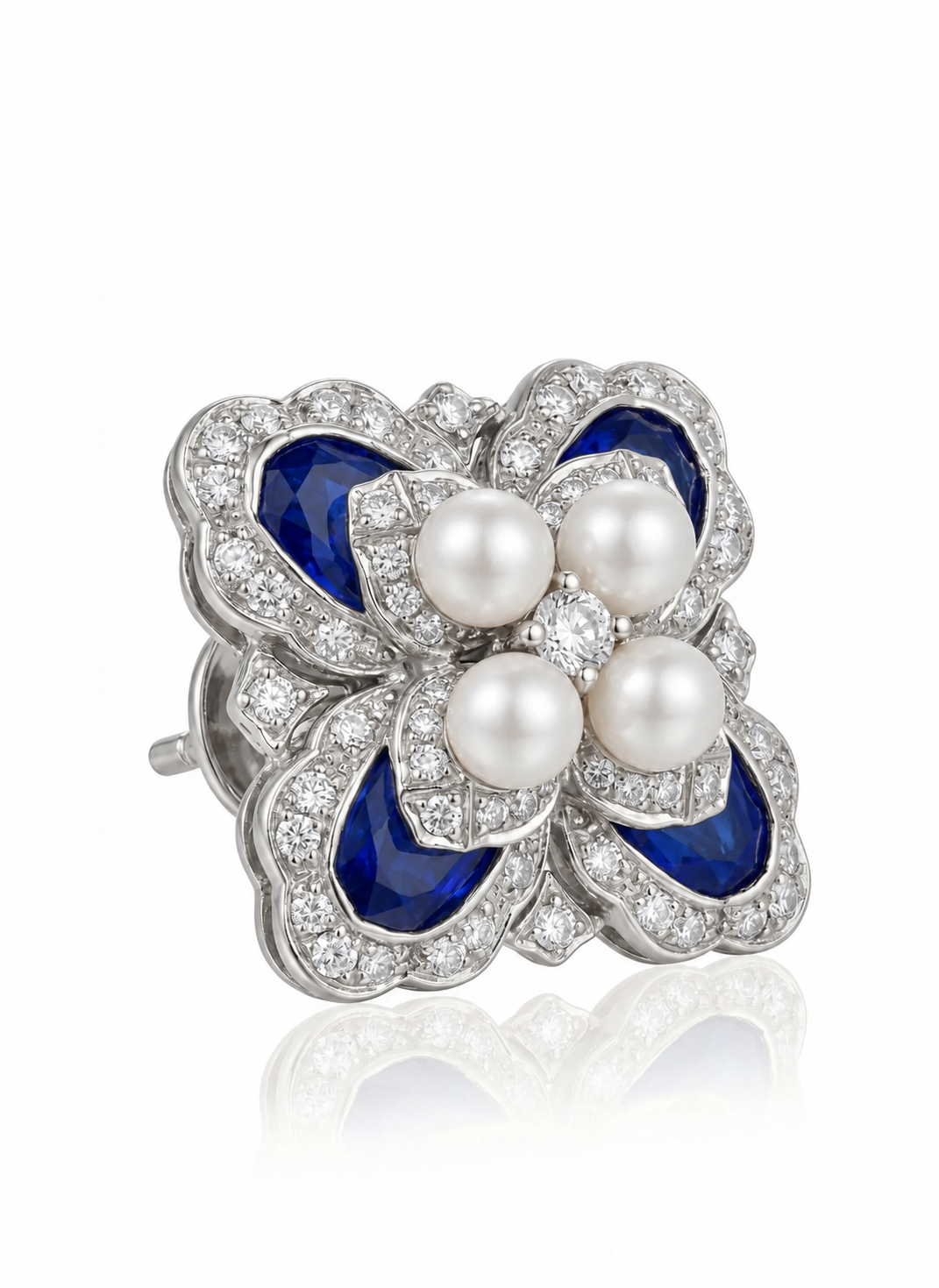 Platinum vintage inspired sapphire Akoya pearl natural diamond earrings | SARATTI