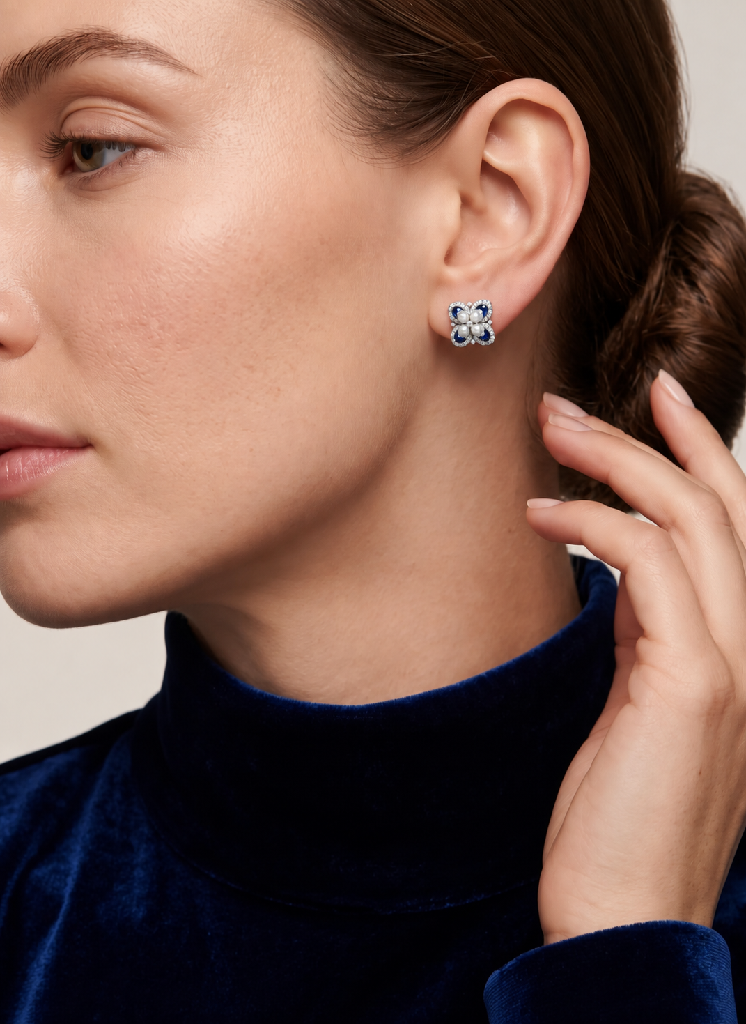 Art Deco inspired sapphire pearl diamond stud earrings crafted in platinum | SARATTI