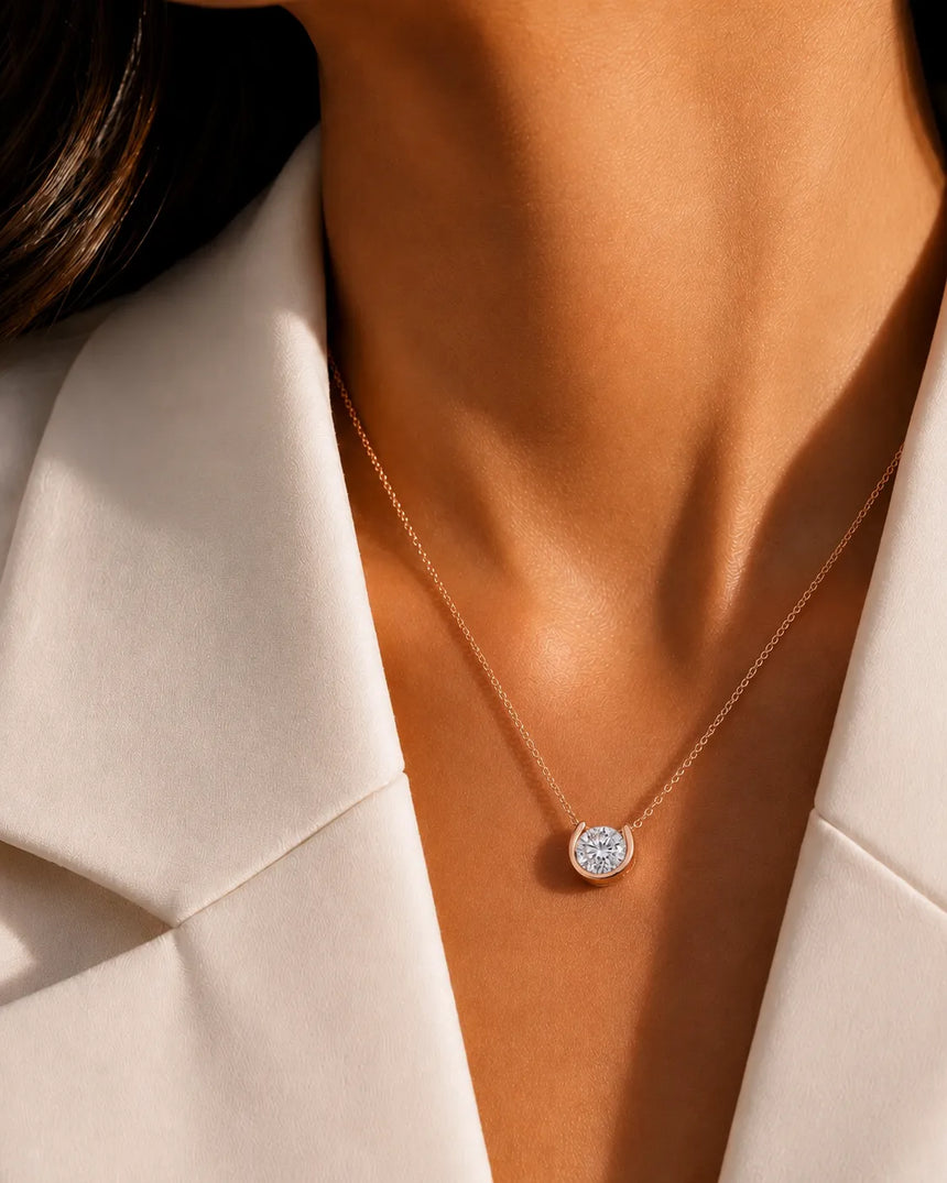 18K Rose GOld Semi-Bezel DIamodn Necklace - SARATTI