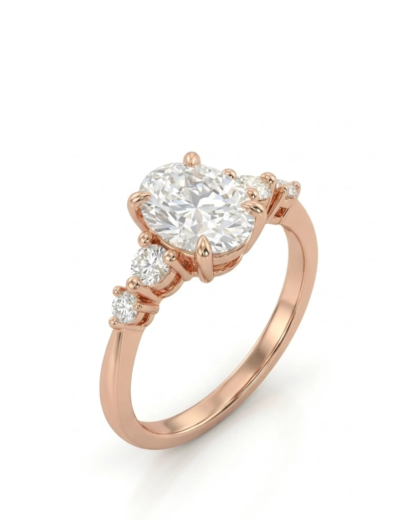 Chloe oval diamond engagement ring with graduated round side diamonds in polished 18K rose gold | SARATTI