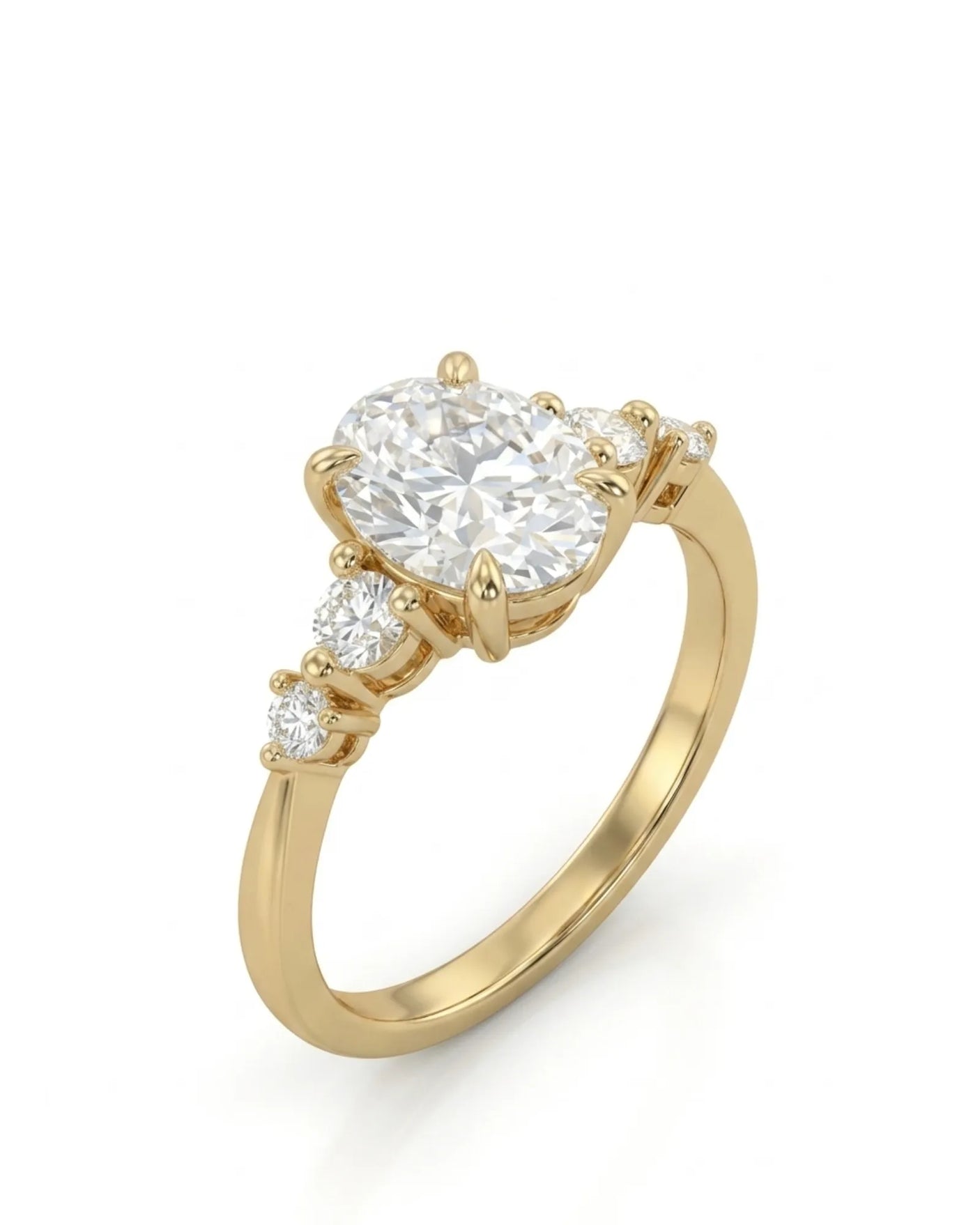 Chloe oval diamond engagement ring with graduated round side diamonds in polished 18K yellow gold | SARATTI