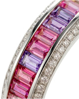 Chromatic sapphire band with ombré emerald cut design and diamond edges in platinum | SARATTI