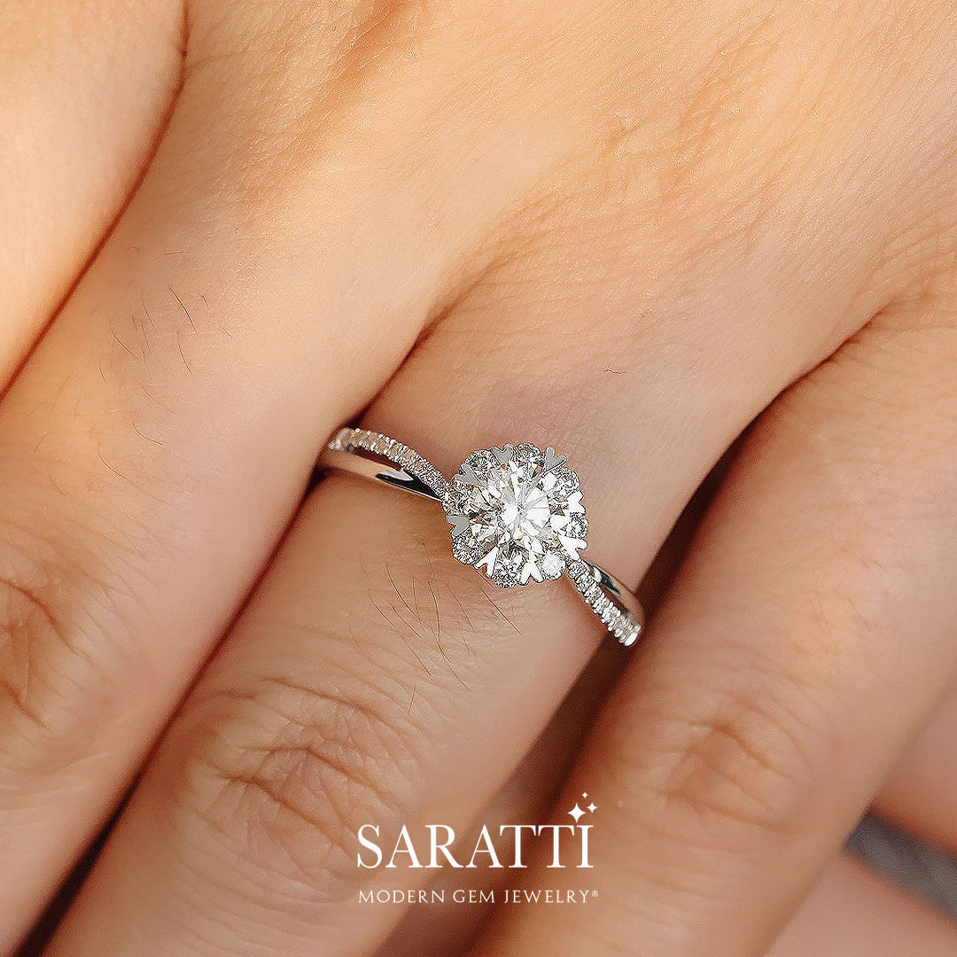 Halo Twisted Shank Diamond Engagement Ring | Modern Gem Jewelry | Saratti