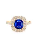 Classic Double Halo sapphire ring with pavé diamond band in 18K yellow gold | SARATTI