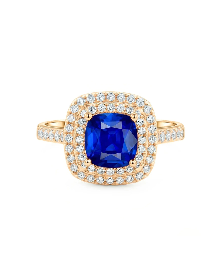 Classic Double Halo sapphire ring with pavé diamond band in 18K yellow gold | SARATTI