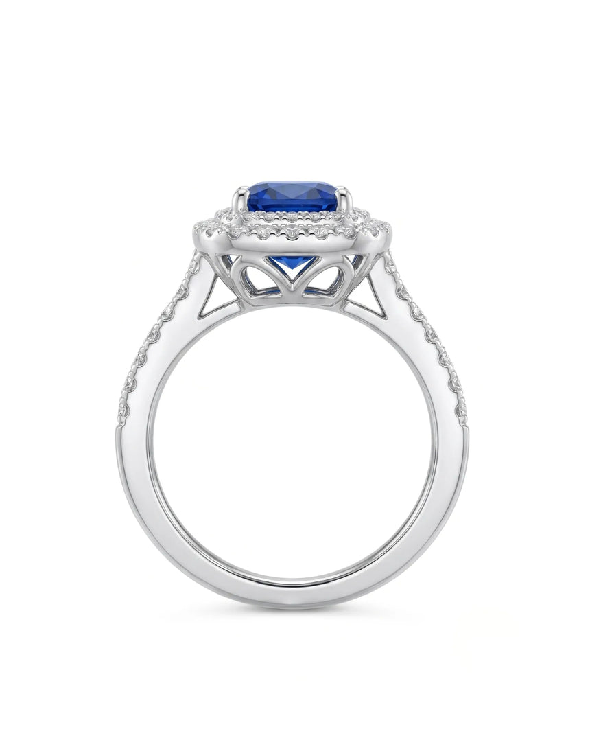 Classic Double Halo sapphire ring with pavé diamond band in platinum | SARATTI