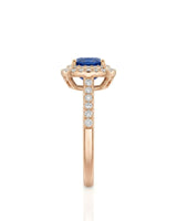 Classic Double Halo sapphire ring with romantic pavé band in 18K rose gold | SARATTI
