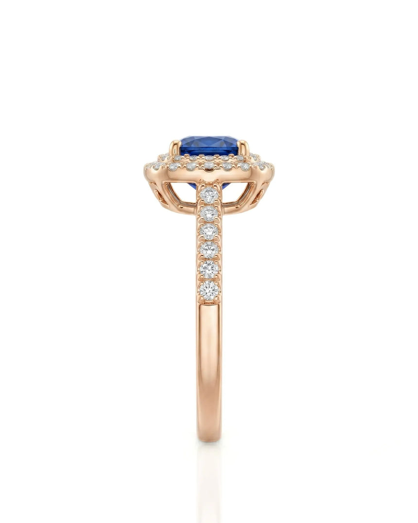 Classic Double Halo sapphire ring with romantic pavé band in 18K rose gold | SARATTI