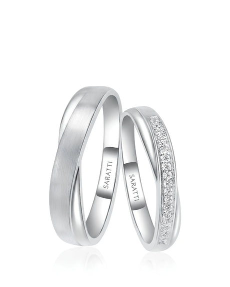 Classic diamond half eternity wedding band pair in polished 18K white gold for matching couples | SARATTI
