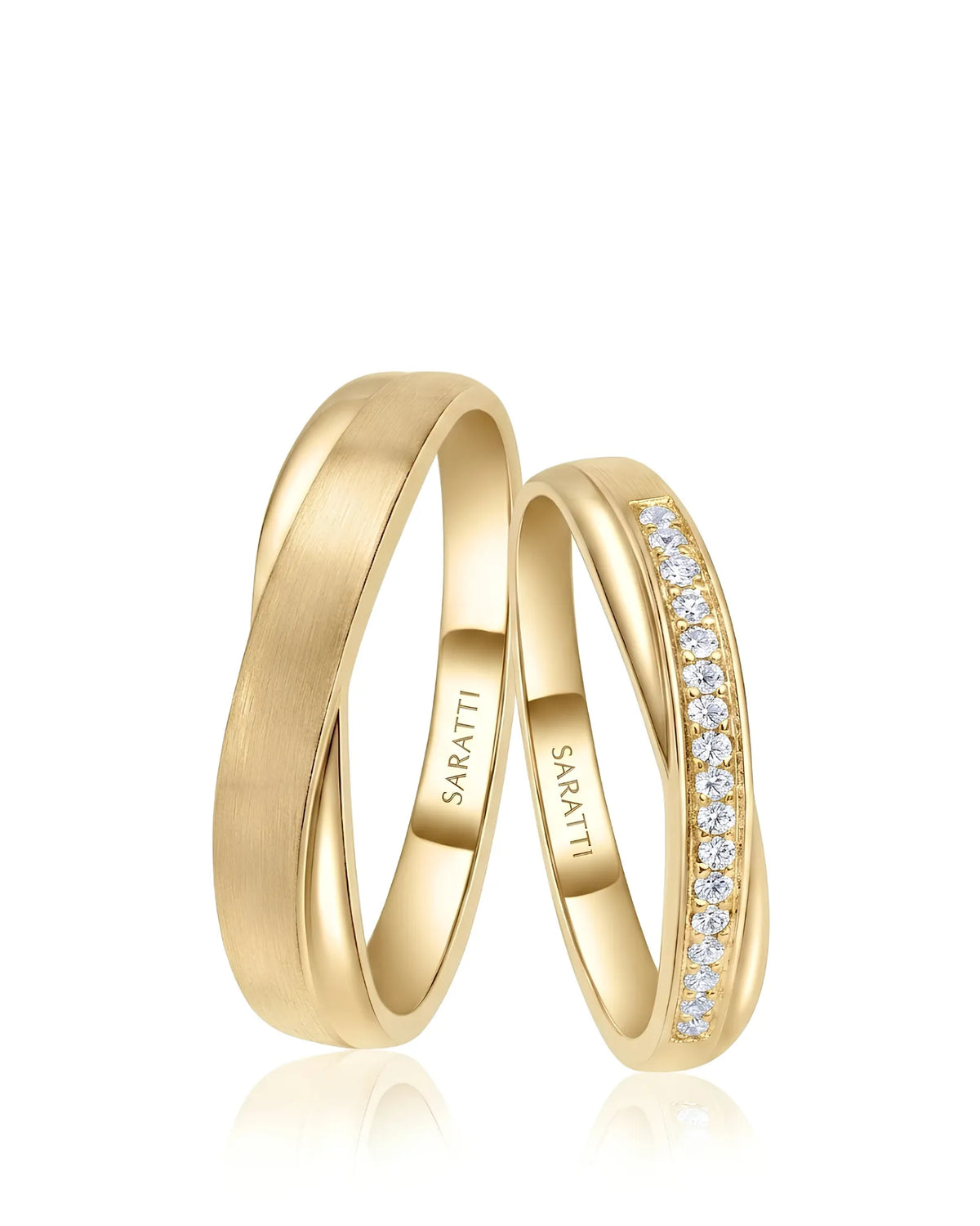 Classic diamond half eternity wedding band pair in rich 18K yellow gold for matching couples | SARATTI