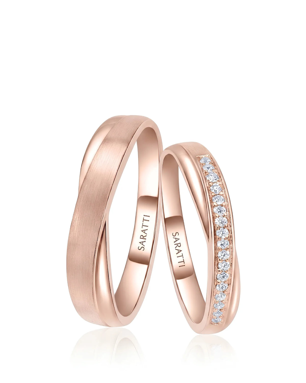 Classic diamond half eternity wedding band pair in warm 18K rose gold for matching couples | SARATTI