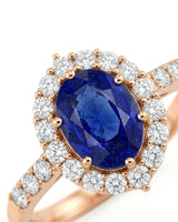 Classic diamond halo sapphire ring with pavé band in 18K rose gold | SARATTI