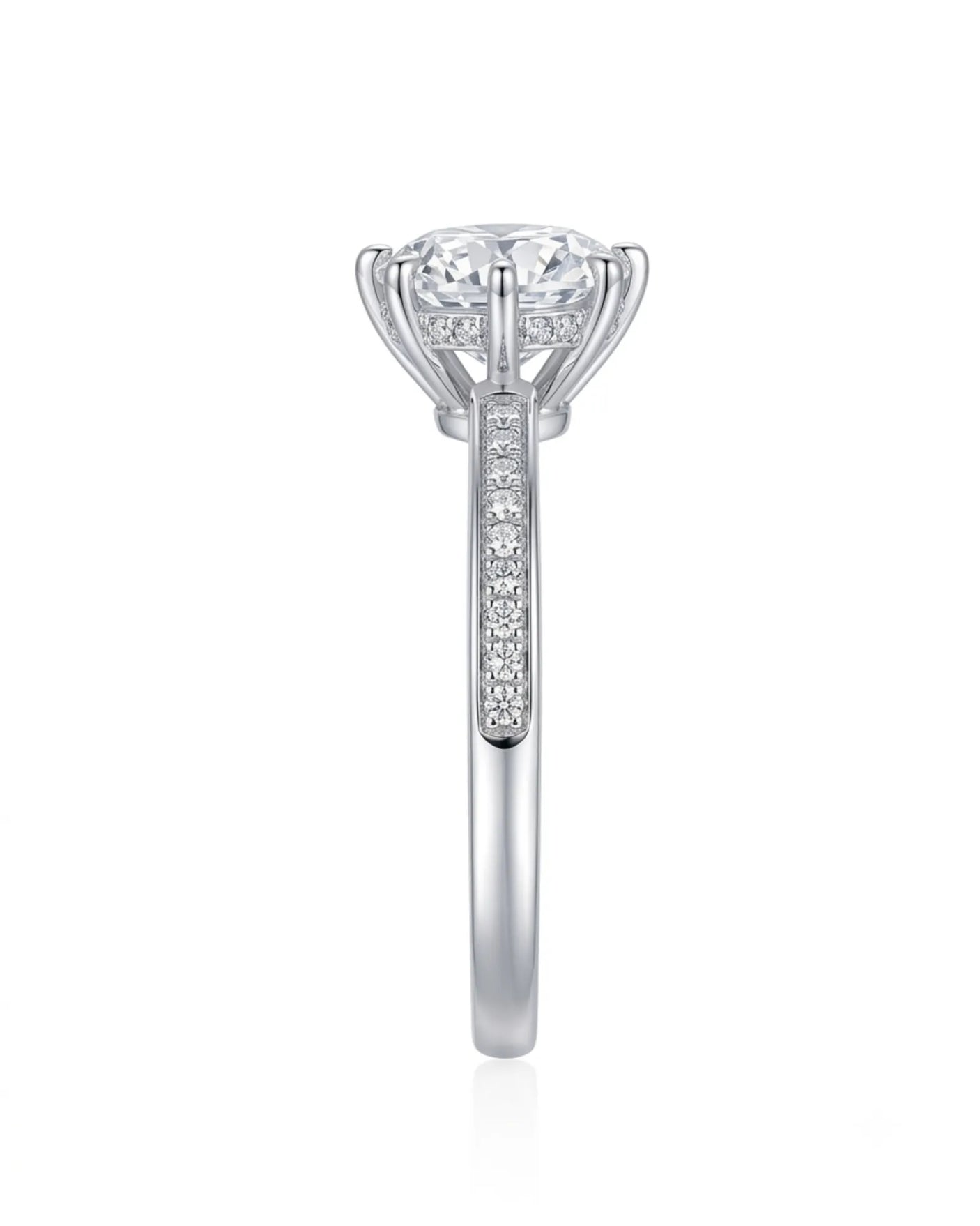Classic round moissanite ring with pavé shoulders and platinum band | SARATTI