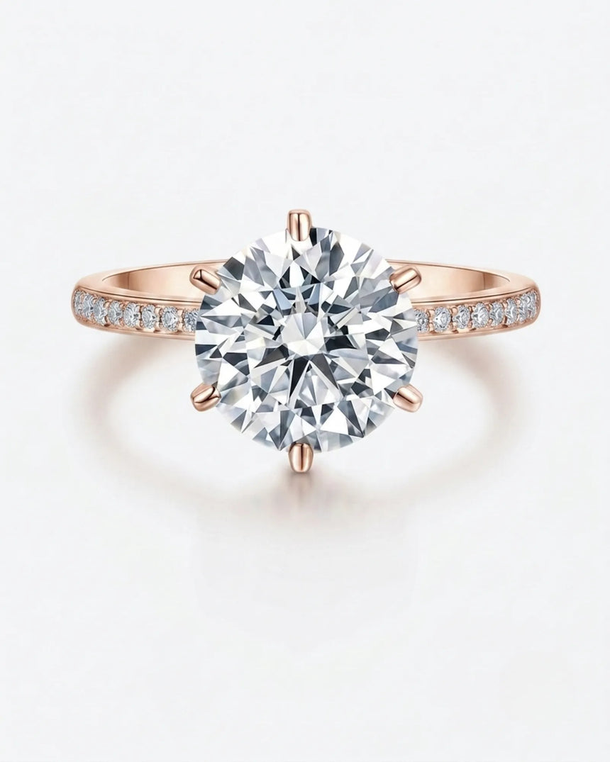 Classic round moissanite ring with pavé shoulders and rose gold band | SARATTI