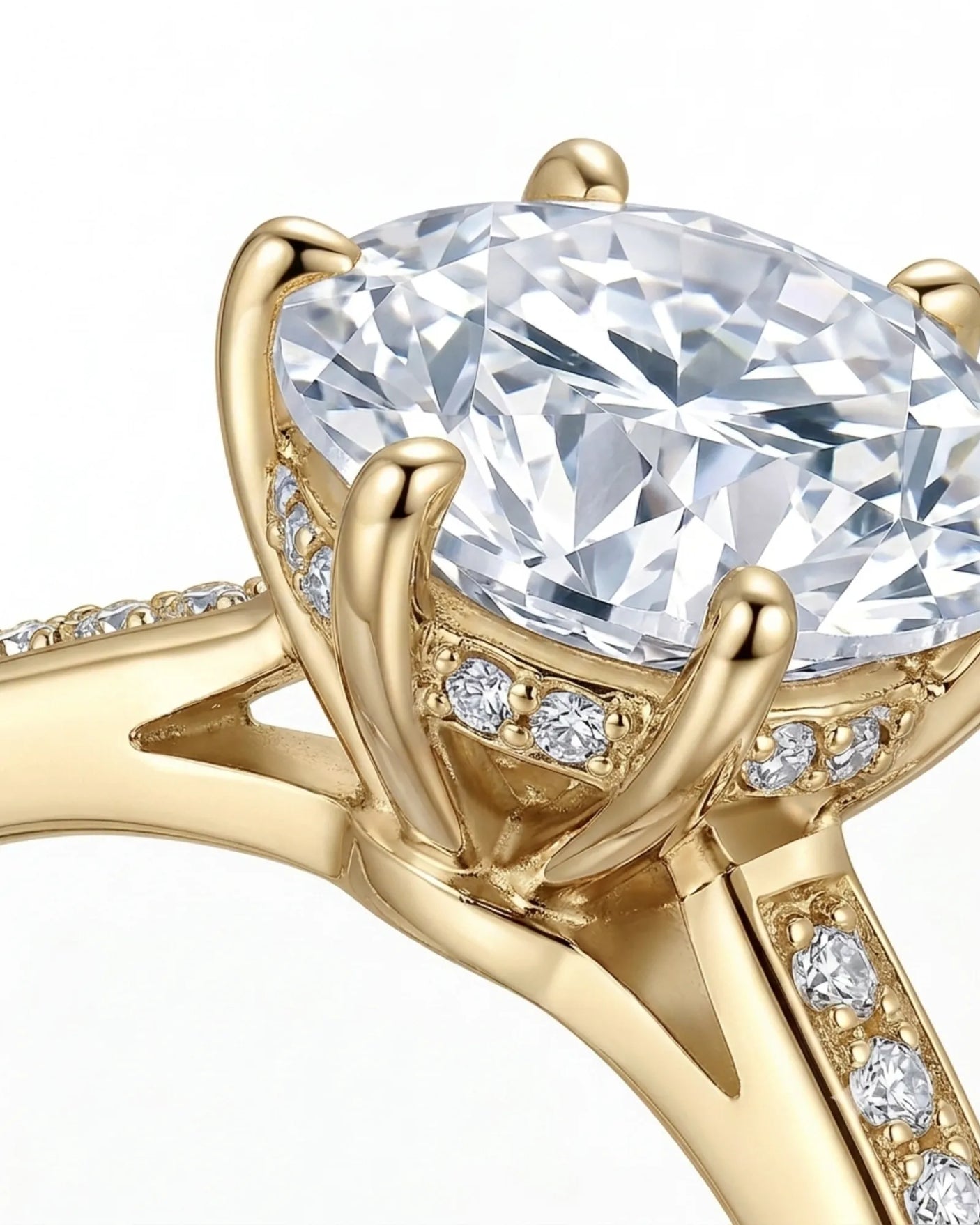 Classic round moissanite ring with pavé shoulders and yellow gold band | SARATTI