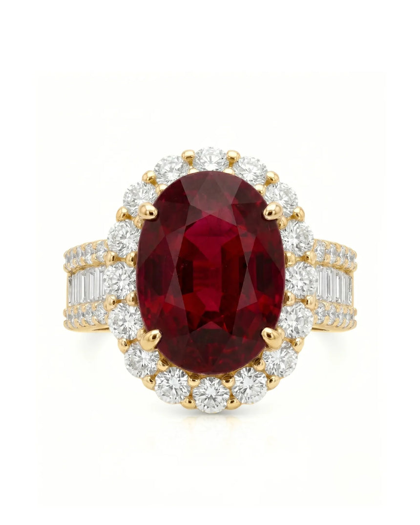 Classic ruby ring with round diamond halo and baguette accents in yellow gold | SARATTI