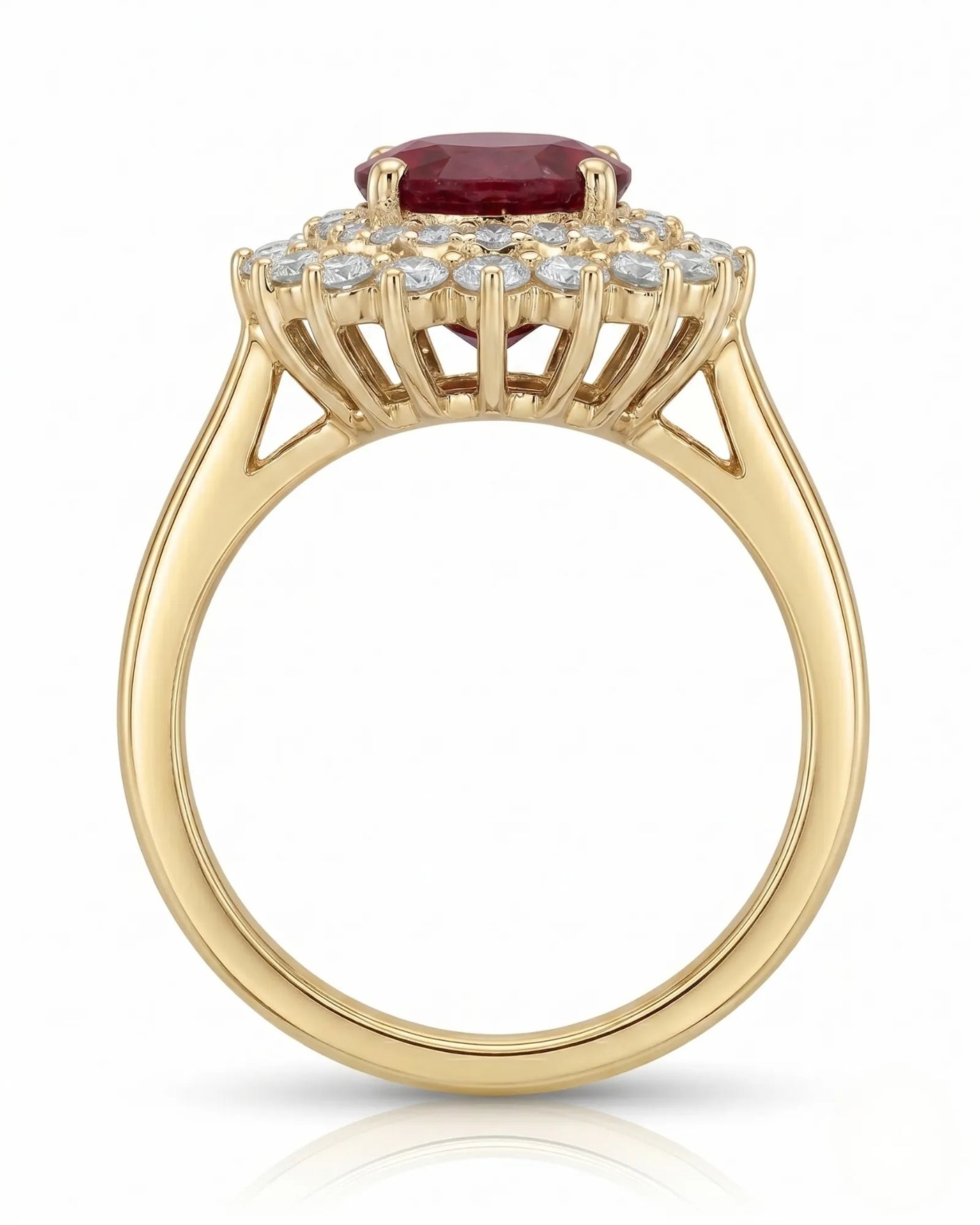 Classic ruby ring with round diamond halo and floral design in yellow gold -- SARATTI