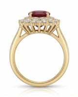 Classic ruby ring with round diamond halo and floral design in yellow gold -- SARATTI
